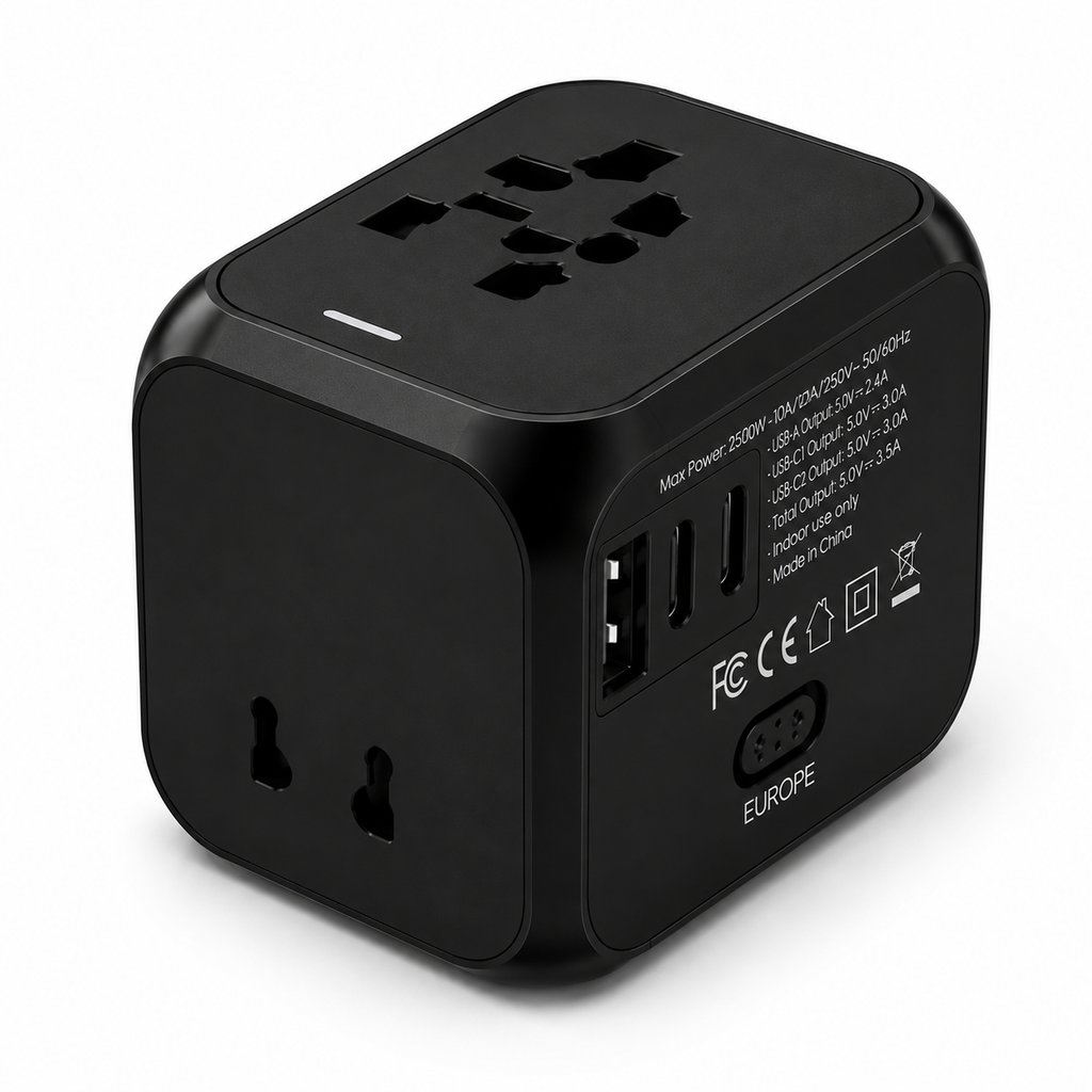 Voyvera ChargeCube™ plug selector showing USA/AUS, UK, EU options