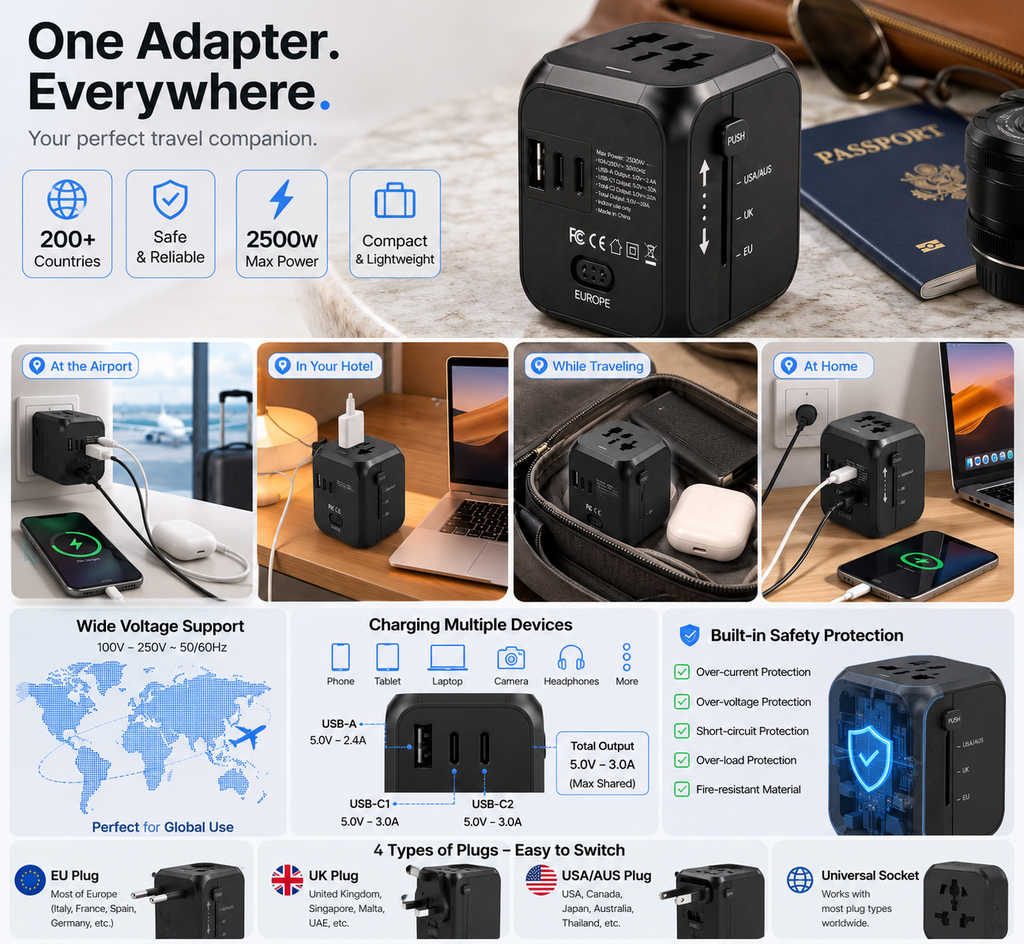Voyvera ChargeCube™ front view showing USB-A and two USB-C ports