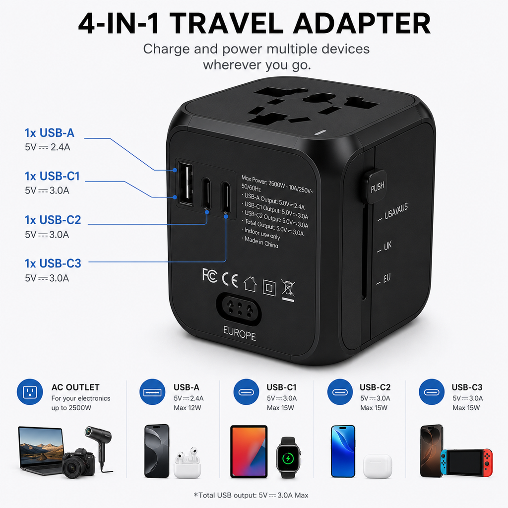 Voyvera ChargeCube™ angled view showing universal AC socket on top